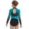 Girls Color Block Ballet Leotard Long Sleeve with Shiny Rhinestones Gymnastics Dance Outfit One Piece