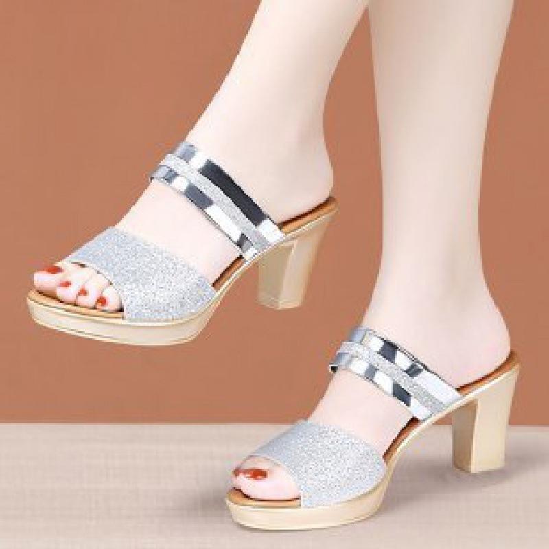 Summer new sandals women thick heel fish mouth open toe middle heel two wear thick heel cool slippers women 35