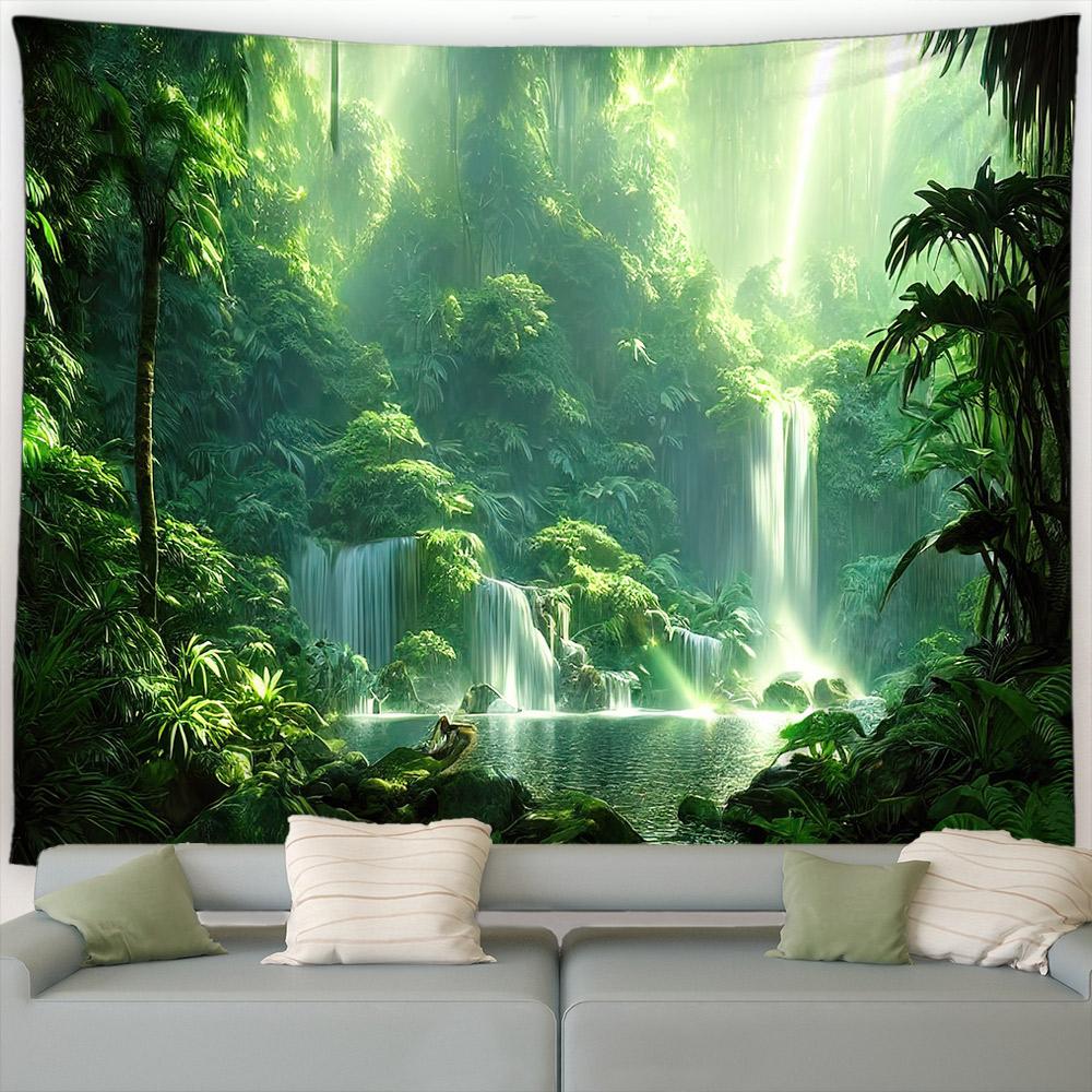 Grønne Påfuglblomster Tropisk Plante Fosslandskap Hage Veggoppheng Hjem Stue Dekorasjon Skogslandskap Gobelin