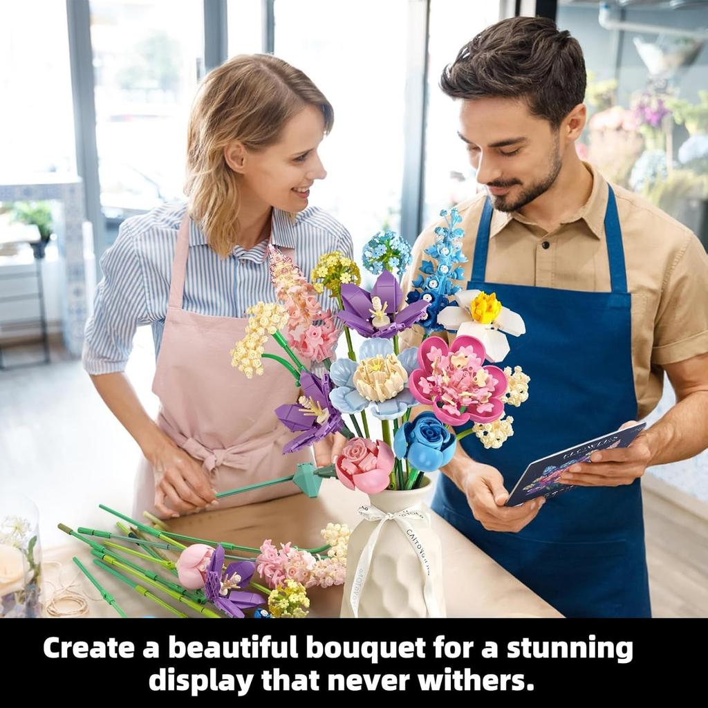 Flower Building Set for Adults Flower Bouquet Botanical Collection Unique Home Décor or Office Décor Great Gift for Her and Him (VASE NOT Included)