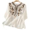 Women's Artistic Embroidered V-Neck Cotton Linen Top - Casual, Loose Fit, Slimming Short Sleeve