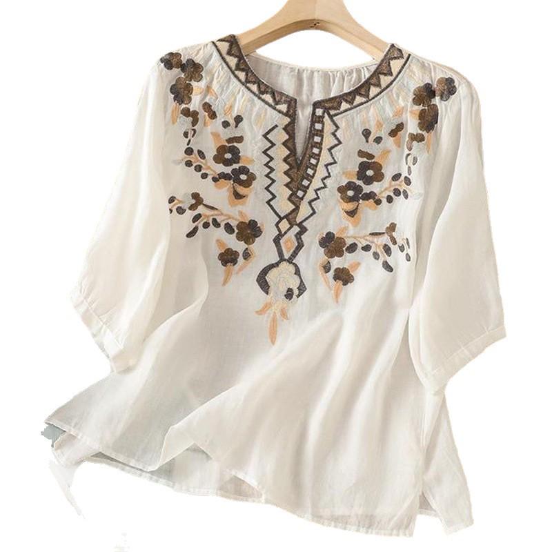 Women's Artistic Embroidered V-Neck Cotton Linen Top - Casual, Loose Fit, Slimming Short Sleeve
