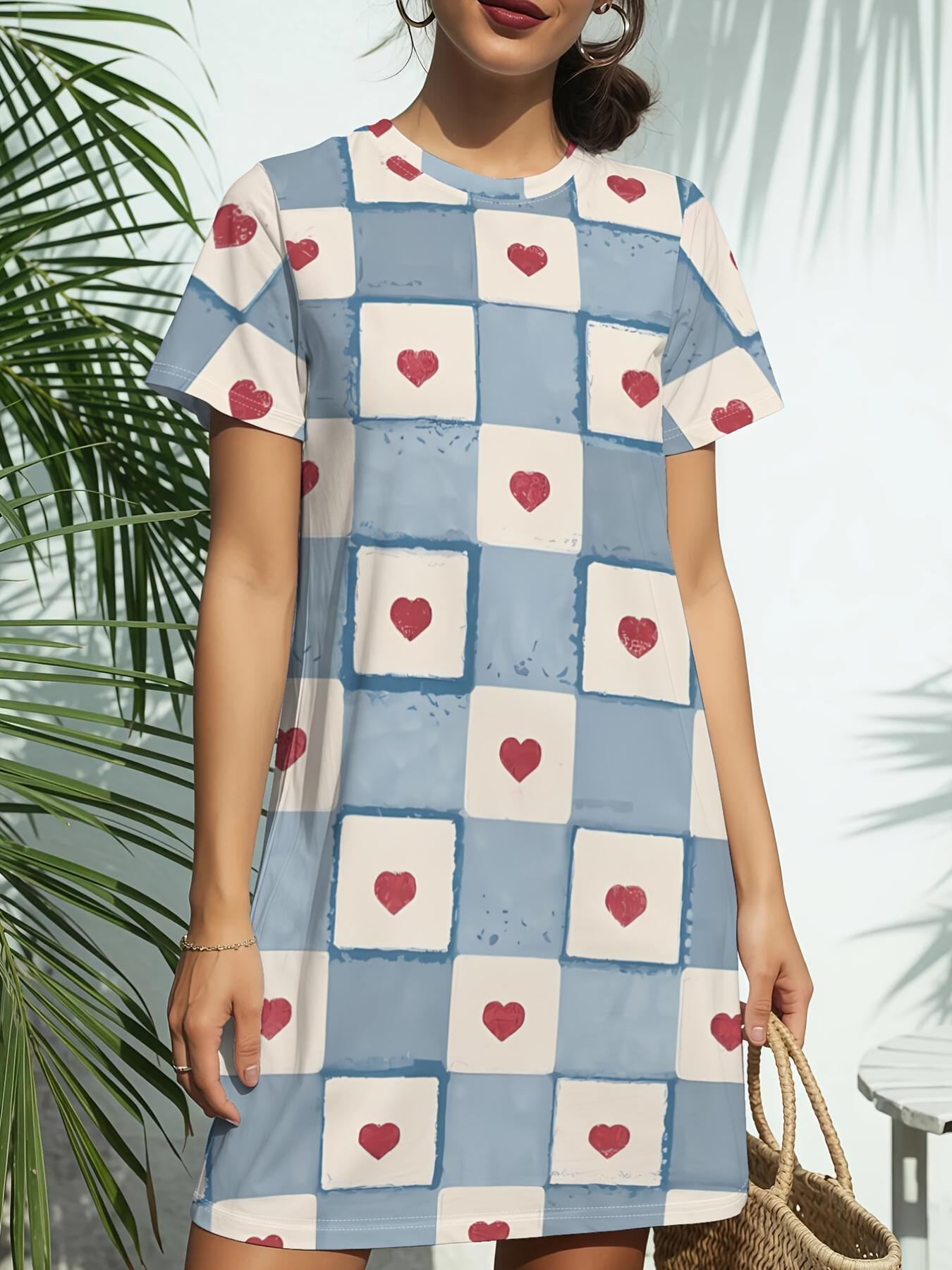 

The New Round-Neck Short-Sleeve Dress T-Shirt from Blue Squares for Women Features American Fashion Trends with Digital Prints. Perfect for Casual Wea M дубильна кора