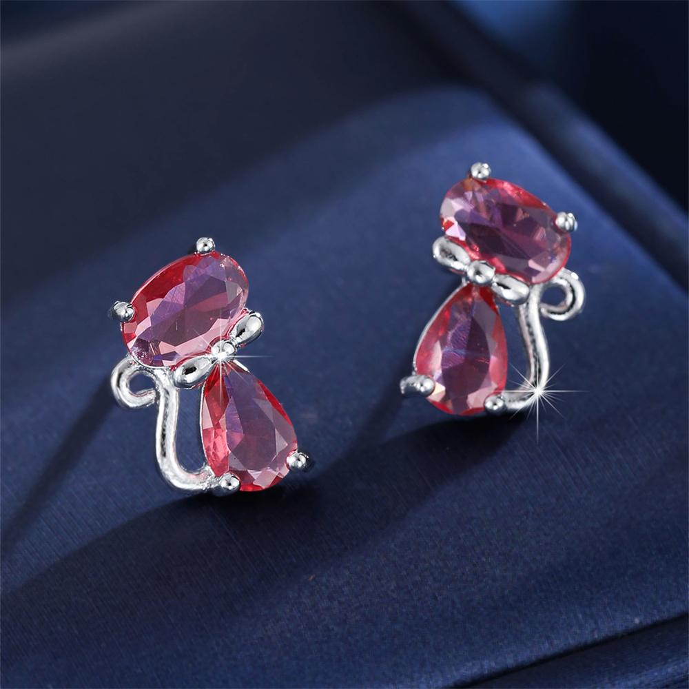 Rainbow Zircon Cute Green Small Cat Stud Earrings For Women Gold Silver Animal Ear Studs Wedding Jewelry Mother's Day Gift