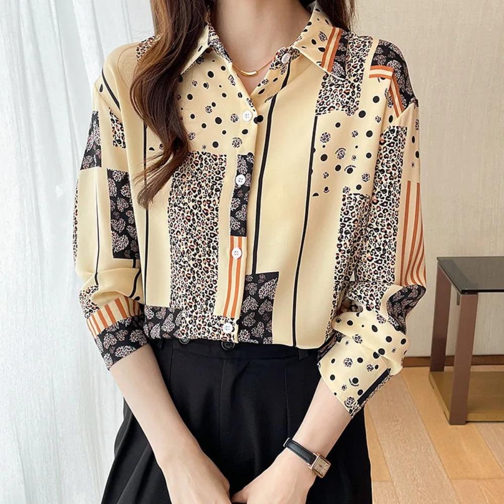Women'S Simple Shirts 2025 New Floral Print Shirts Summer Vintage Lapel Button Tops Elegant Fashion Long Sleeve Blouses Casual