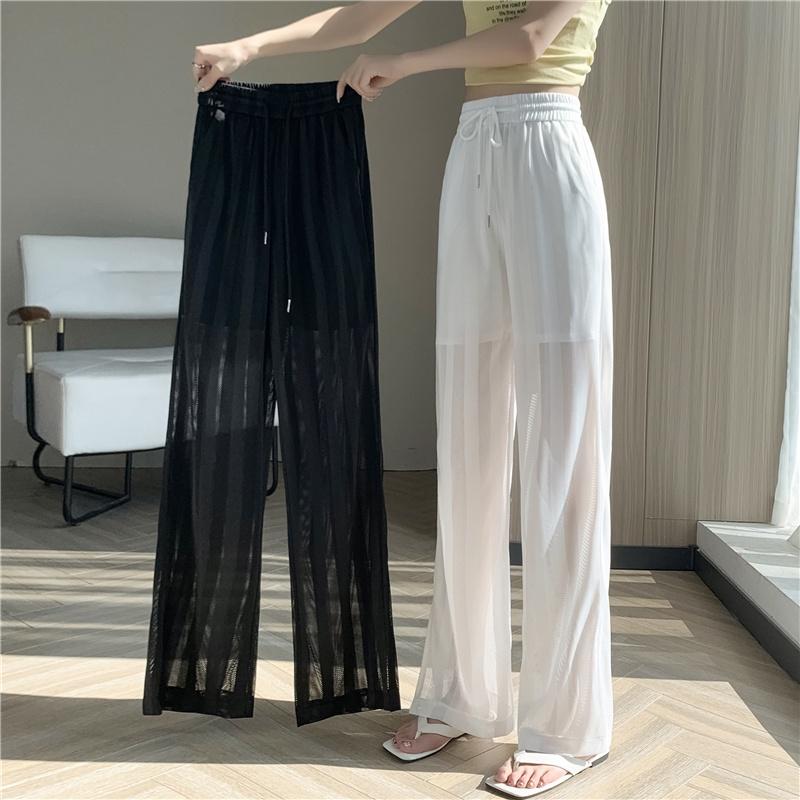 Summer Women's Ice Silk Hollow Out Wide Leg Pants High Waist Breathable Sheer Casual Trousers Loose Fit
