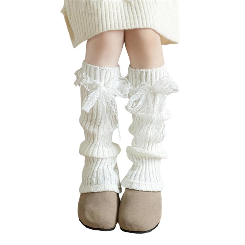 Girls Ruffled Leg Warmers Breathable Lace Trim Stackable Socks For Toddler Nonslip Knitting Acrylic 2-13 Years белый