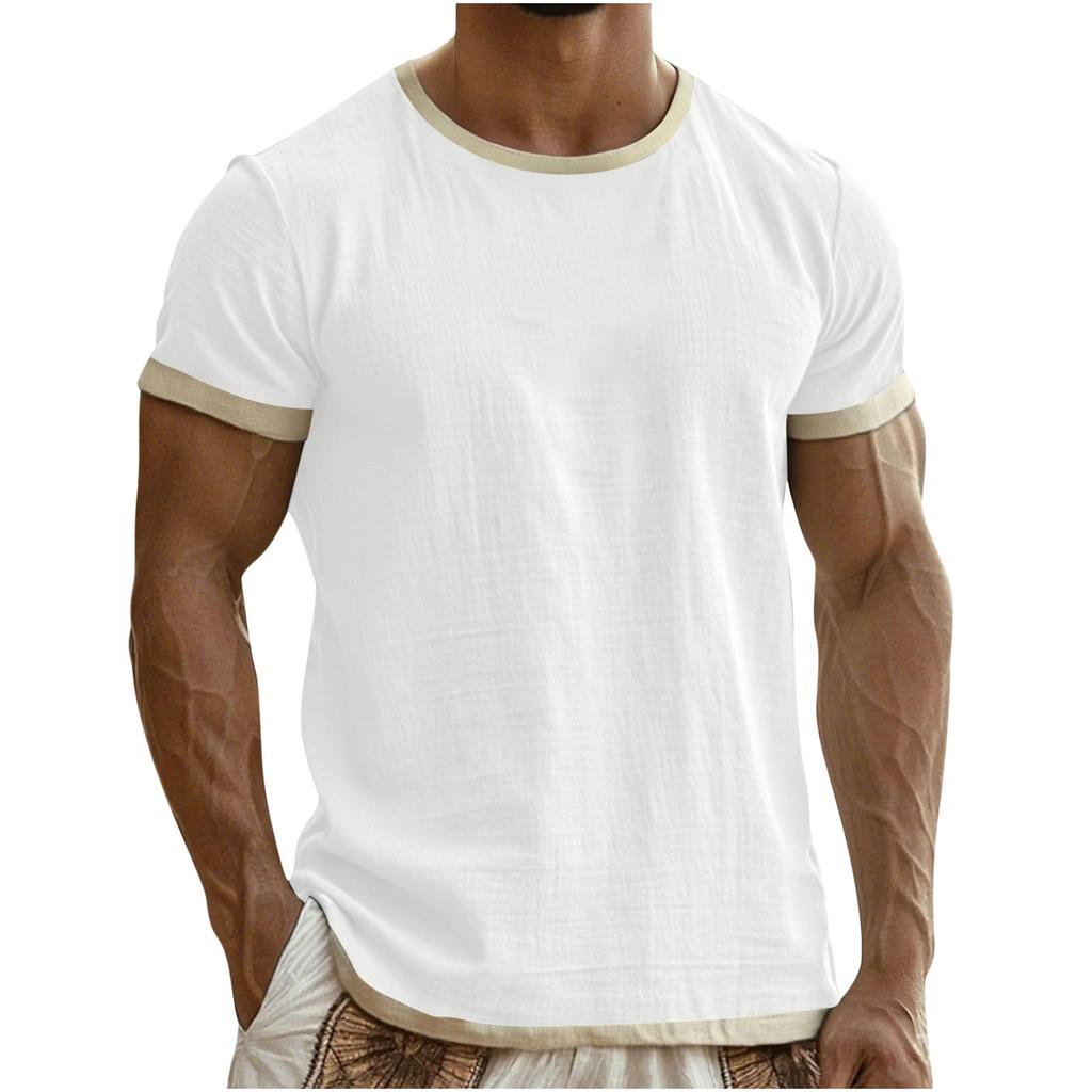 Men's Colorblock Cotton Linen Short Sleeve T-Shirt Lightweight Breathable Round Neck Casual Vacation Top