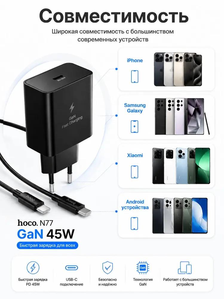 HOCO N77 GaN PD 45W Fast Charger Kit, USB‑C Wall Charger EU Plug with USB‑C Cable Included