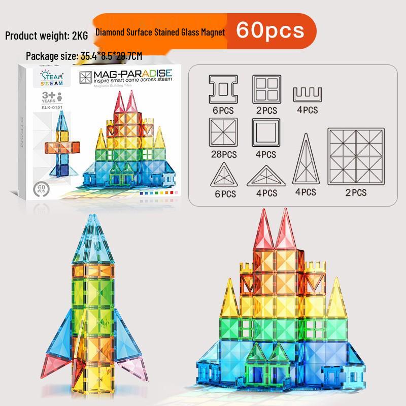 Stained Glass Magnetic Building Blocks Set - 100-Piece Educational Toy for Kids