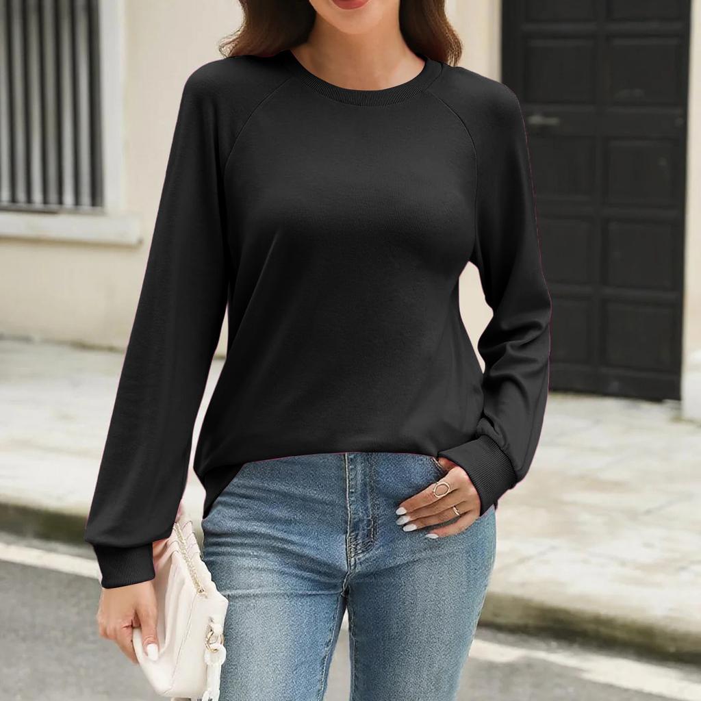Women's Round Loose Neck Sweatshirt Long Sleeved Pullover Solid Color Hoodie