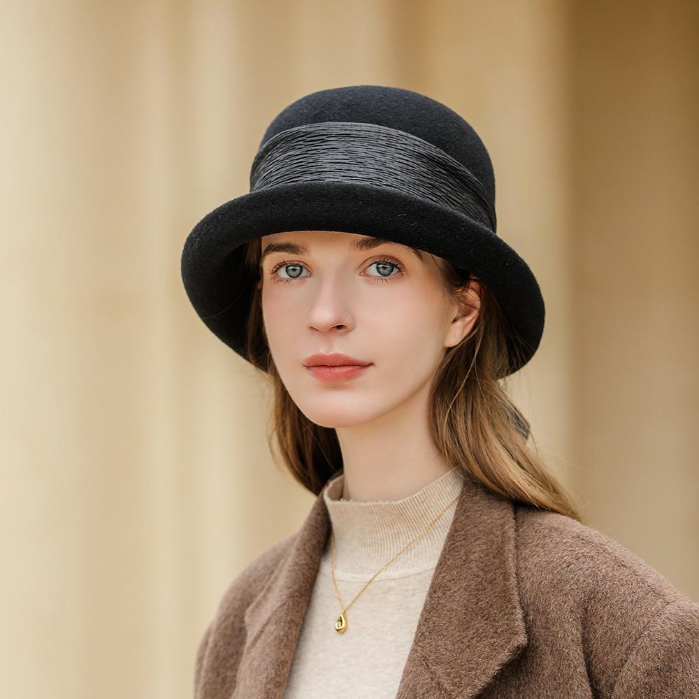 Women Party Formal Headwear Bucket Hat Lady Winter Fashion Asymmetric Ribbon Bowknot 100% Wool Felt Hats