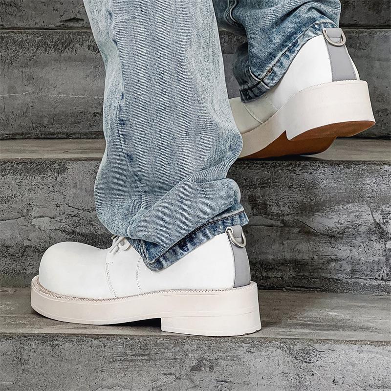 Summer white leather shoes men's leisure niche Internet celebrity tide thick sole heightening round head derby shoes 24225-J