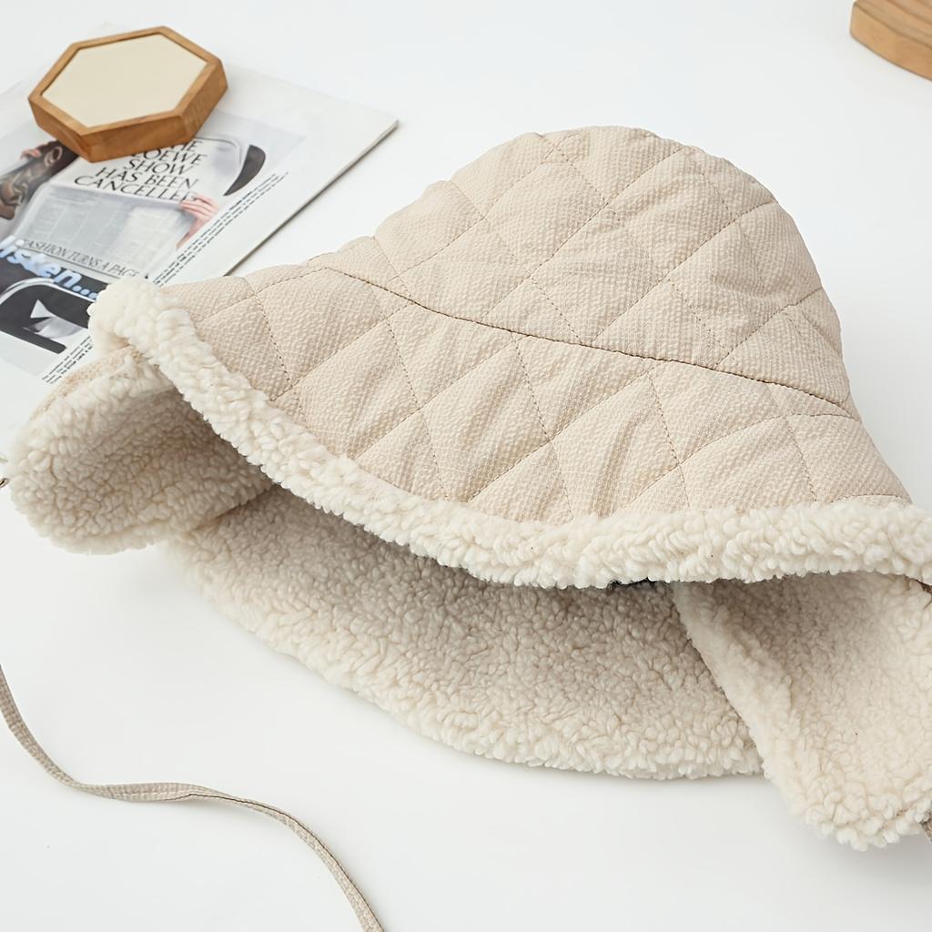 Women's Winter Thermal Bucket Hat with Ear Flaps & Fleece Lining - Thick Warm Non-Stretch Drawstring Closure for Skiing, Everyday Winter Outfits