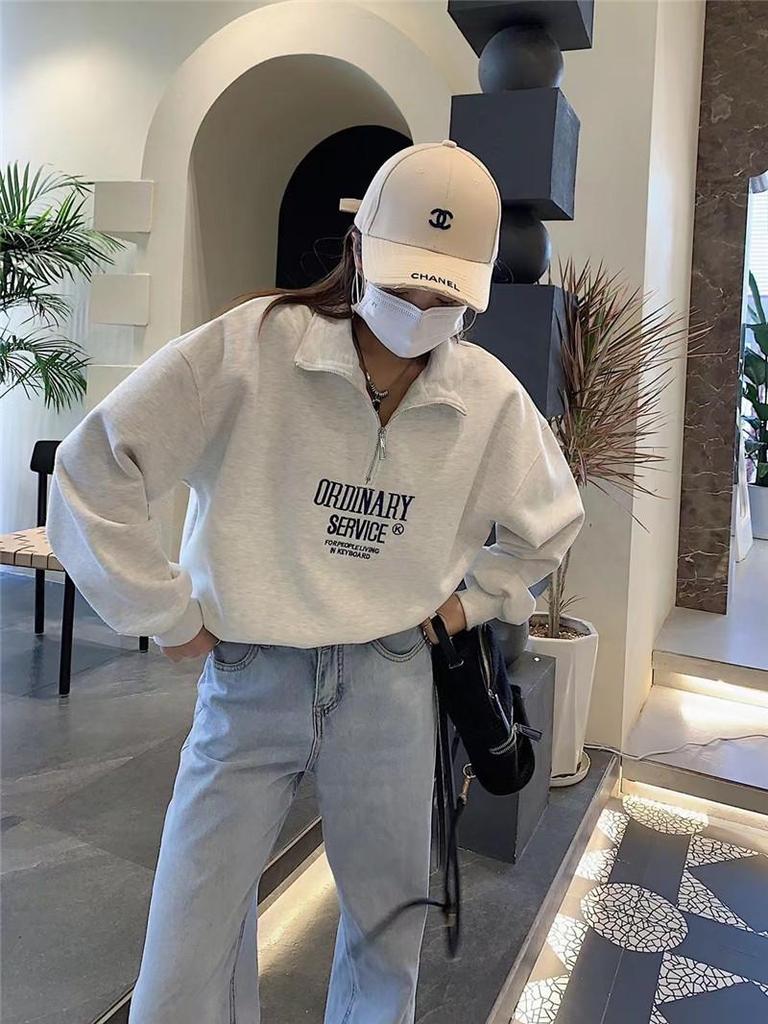 Korean-Style Embroidered Half-Zip Pullover: Women's Spring & Autumn Stand-Up Collar Sweatshirt