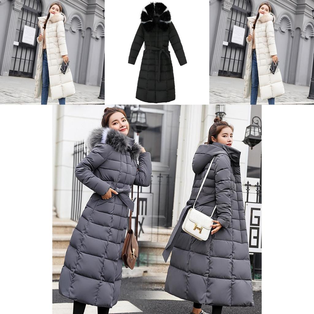 Luxurious Women Full Length Parka Jacket Down Cotton Puffer Coat Fur Long Hooded Winter