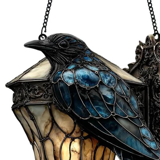 Raven On Lantern Suncatcher Decoration Indoor Outdoor Gothic Halloween Crow