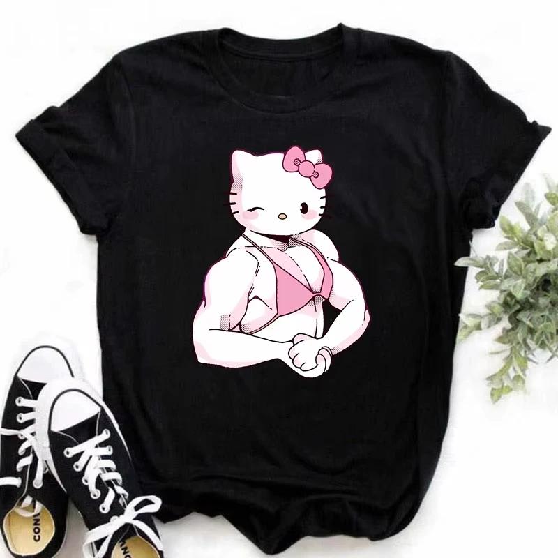 Muscle Sanrioes Womens TShirt Anime HelloKitties Cinnamon Kuromis Fun Model Cartoon Clothing Casual Cotton Couples TShirt