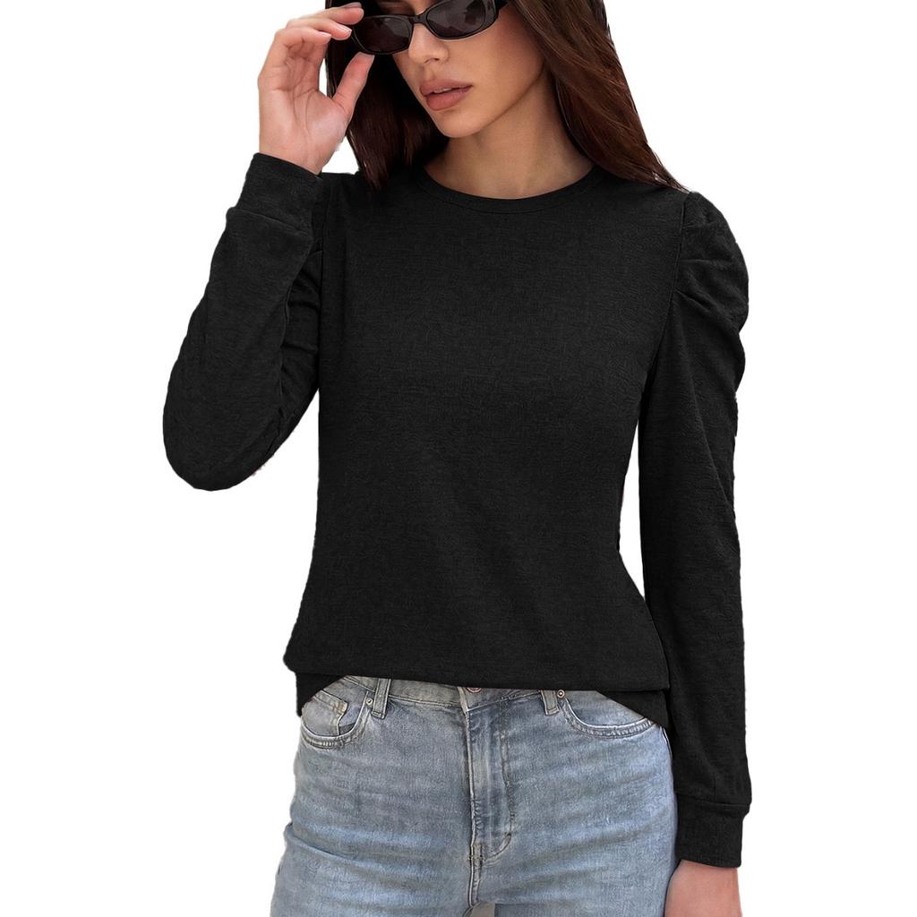 Fall Winter Women's Solid Color Loose Crew Neck Pleated Long Sleeve T-shirt Top For Cross-border European American Trade