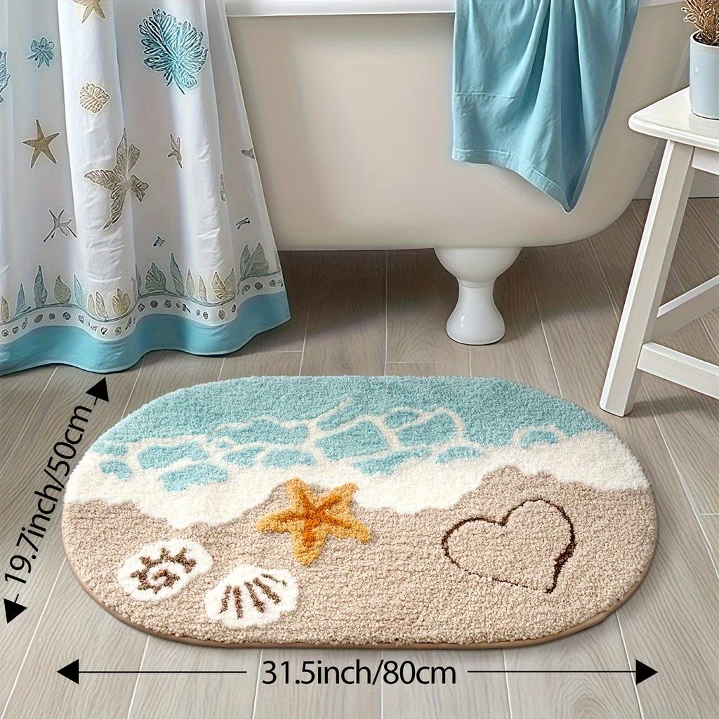 1pc Plush Faux Cashmere Bathroom - Ocean-Themed Oval Floor Mat with Beach Starfish & Heart Design,Rugs for Bathroom,Theme Decor