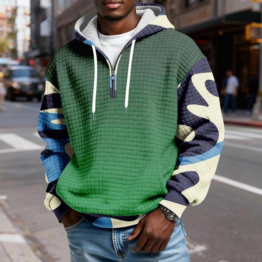 Men's Half-Zip Hooded Plaid Pullover Drawstring Print Casual Sports Sweatshirt