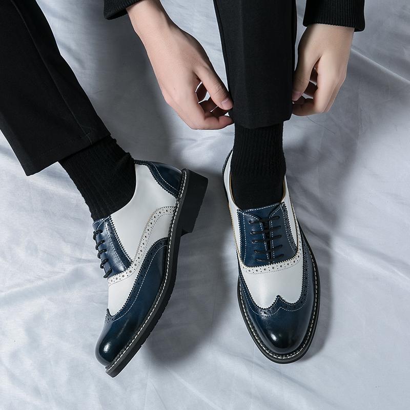 Brogue Shoes Men PU Spliced Lace Up Low Heel Business Banquet Shoes Professional Classic Men Shoes Large Sizes 38-46