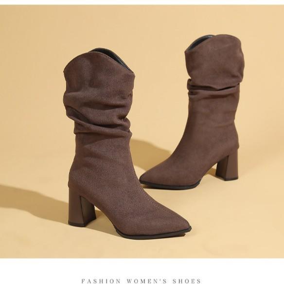 Women's Cowboy Boots Autumn Winter New Non Slip Pointed Toe Comfortable Medium Shoes Height Increase Fashion Vintage Short Boots