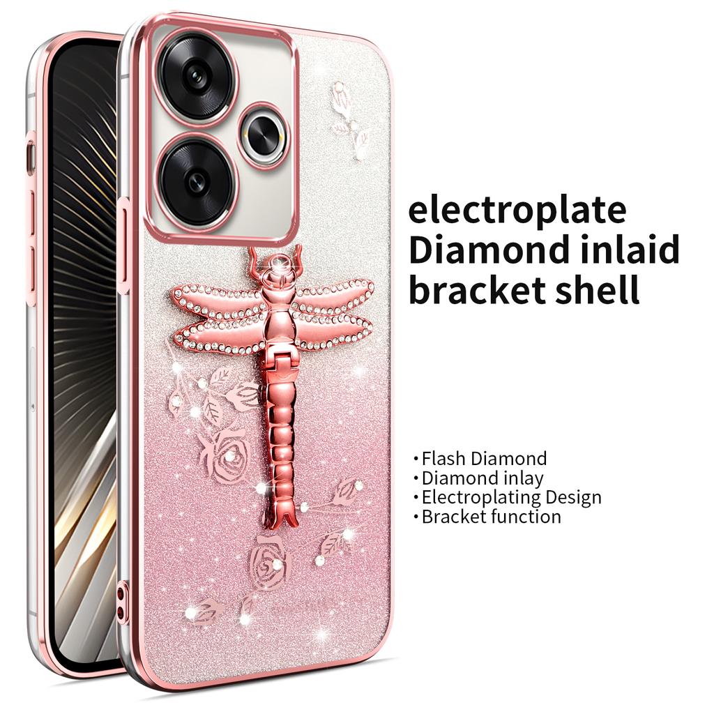 Case For Xiaomi Redmi 13 4G/5G/Note 13R 5G/Poco M6 4G/M6 Plus 5G Dragonfly Kickstand TPU Flowers Glitter Phone Cover