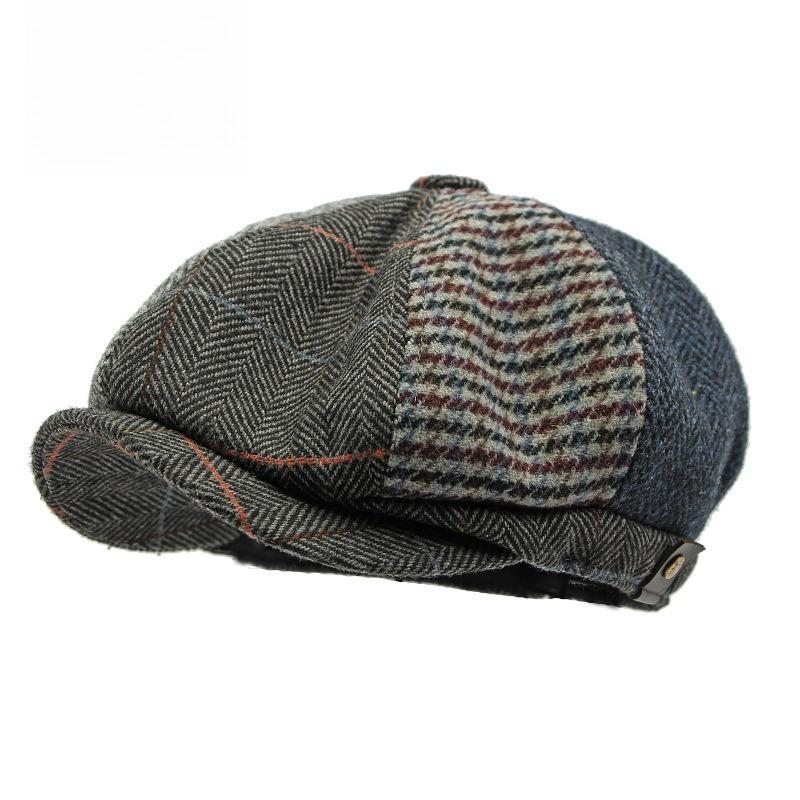 Men's Patchwork Woolen Newsboy Cap Retro British Herringbone Tweed Octagonal Hat Autumn Winter Warm Baker Boy Cabbie Hat