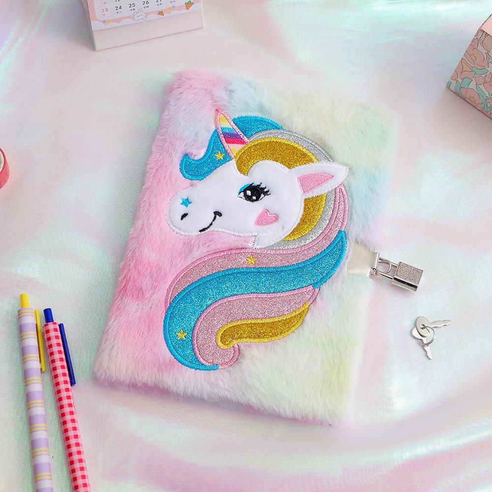 Unicorn Cartoon Lock Plush Notebook - Cute Diary for Students, Girls' Gift