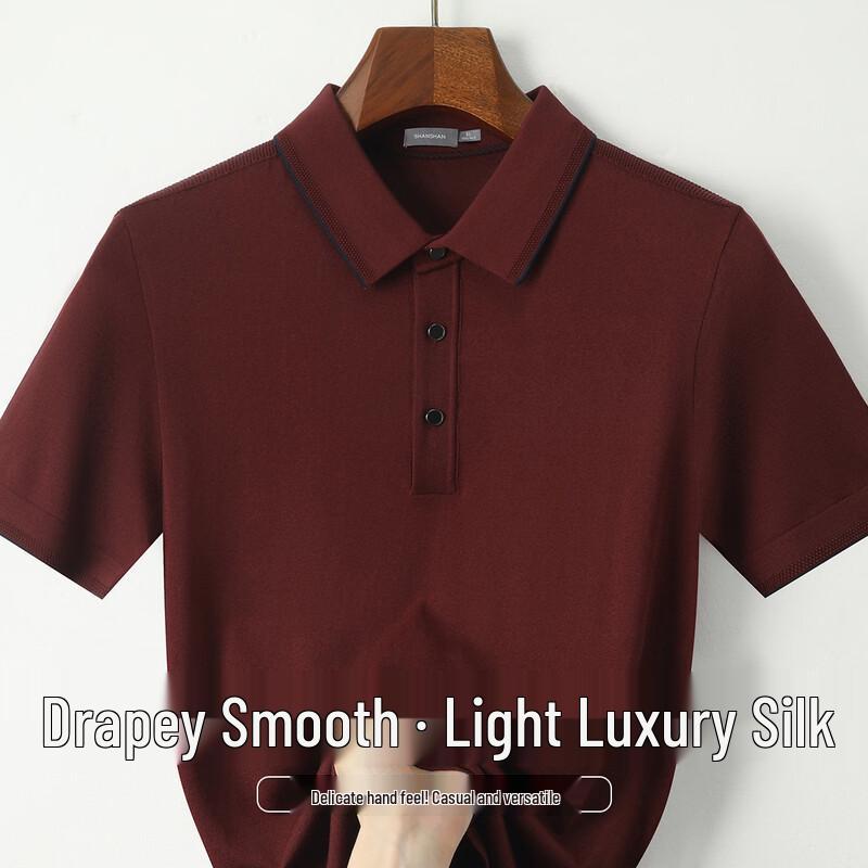 SHANSHAN Men s Luxury Silk Blend Breathable Polo Shirt L