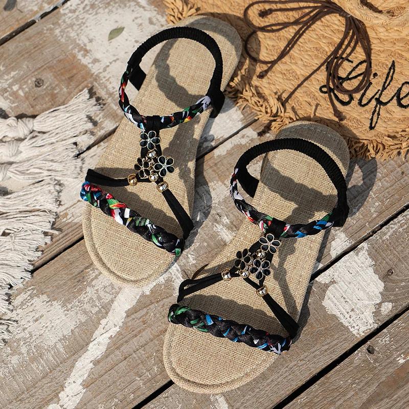 Fashion Zoki Fashion Flowers Bohemia Sandals for Women 2025 Summer Woven Band Flats Sandals Woman Non Slip Beach Sandles Plus Size 43
