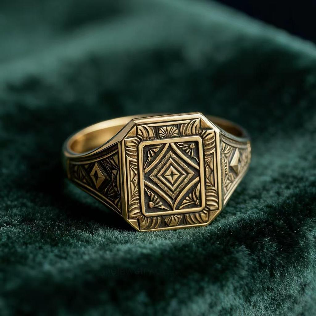 Eco-friendly 2025 Alloy Men's Ethnic Ring, Gold Imitation, Retro Engraved Patterns