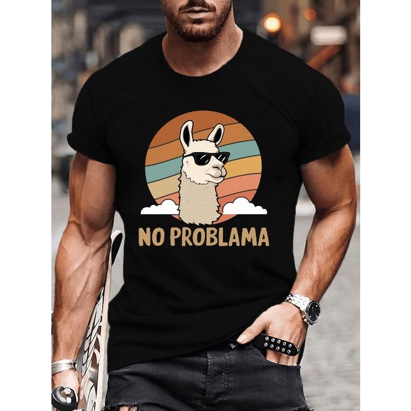 T-Shirt Featuring an Illustration of a Llama with Glasses, Perfect for Men, Ideal for Casual Summer Wear with Short Sleeves
