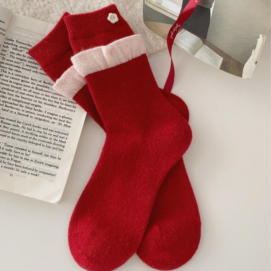 Socks Winter Festive Bow Red Thickened Warm Wool Socks Mid-Tube Socks Polka Dot Pile Socks