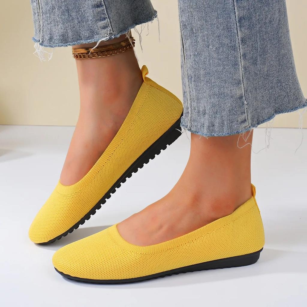 Women Round Toe Flat Shoes Casual Breathable Ballet Sneakers Women Solid Color Knitted Slip on Shoes Mesh Flat Loafers Woman