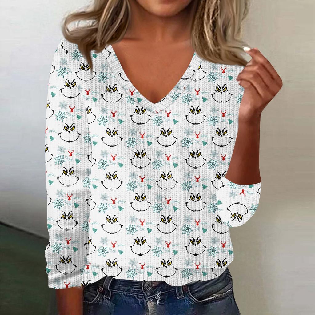 Women's Cute Sweatshirt Knitted Fashion Casual V-neck Long-sleeved  Cozy Print Top