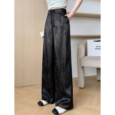 Damskie luźne proste spodnie satynowe Wiosna Jesień Codzienne spodnie z wysokim stanem Pantalones 2024 Jednolite Streetwear Vintage Szerokie nogawki Spodnie