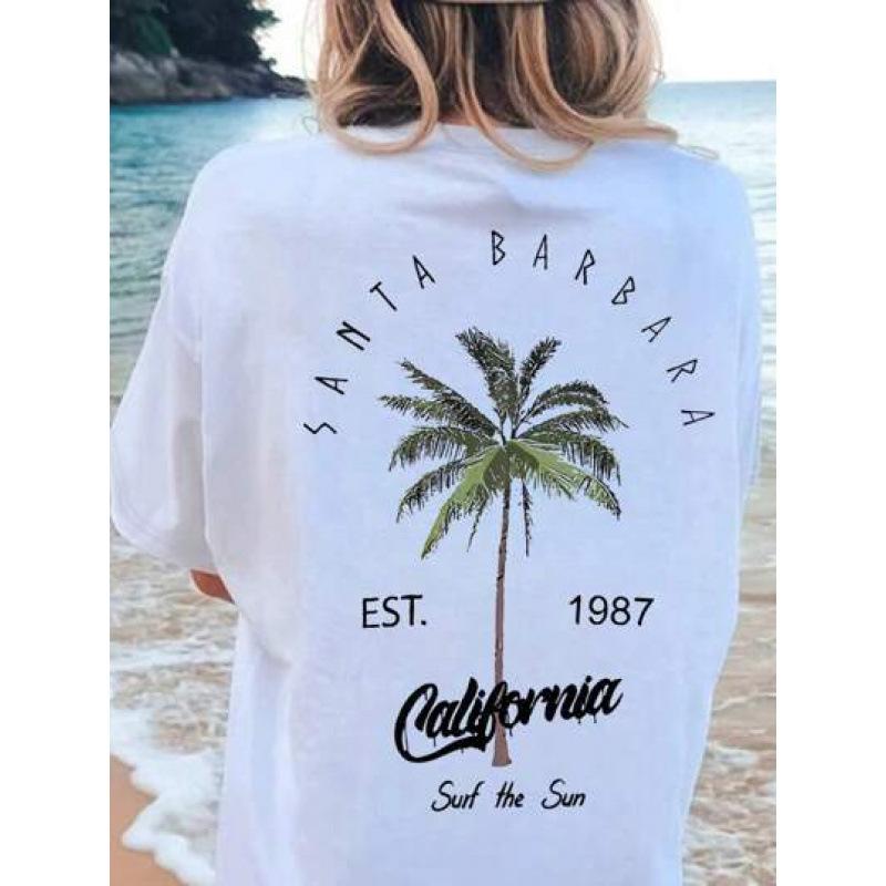 Women's Coconut Tree & Letter Print Drop Shoulder Sleeve Tee- Fashion Short Sleeve Top