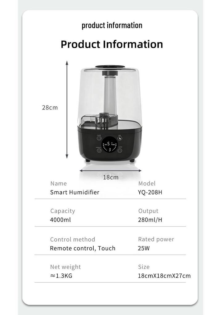 4L Smart Humidifier: High Mist Output, Compact Desktop Aromatherapy Unit for Indoor Use