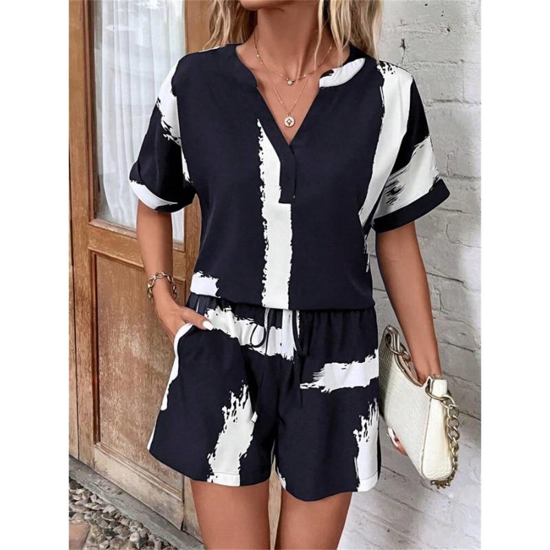 

Женский новый весенне-летний комплект из эластичной женской футболки с V-образным вырезом и принтом XXL темно-синий