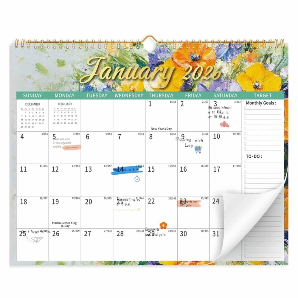 2026 Jan.- 2027 Jun Wall Calendar 18 Months Flower Pattern Hanging Calendar Spiral Binding Wall Mount Desktop Planner Office Use