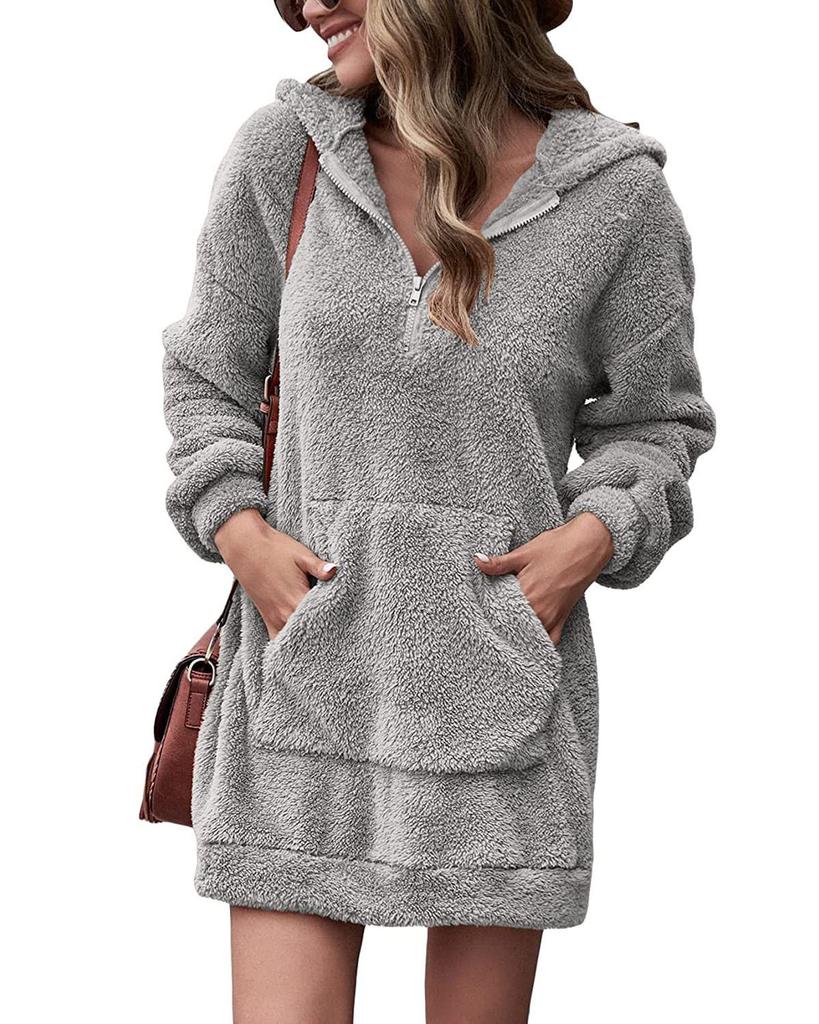 Damen Samt Kapuzenmantel Doppelseitig Plüschtaschen Locker Winter Warm Pulloverjacke Herbst Winter Kleidung