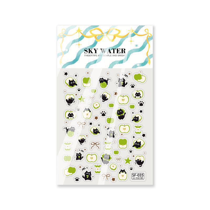 SKY Japanese Apple Cat 6D Embossed Nail Art Stickers - Cute Bow Design 6D Embossed Sky Green Apple Cat [1 Sheet]