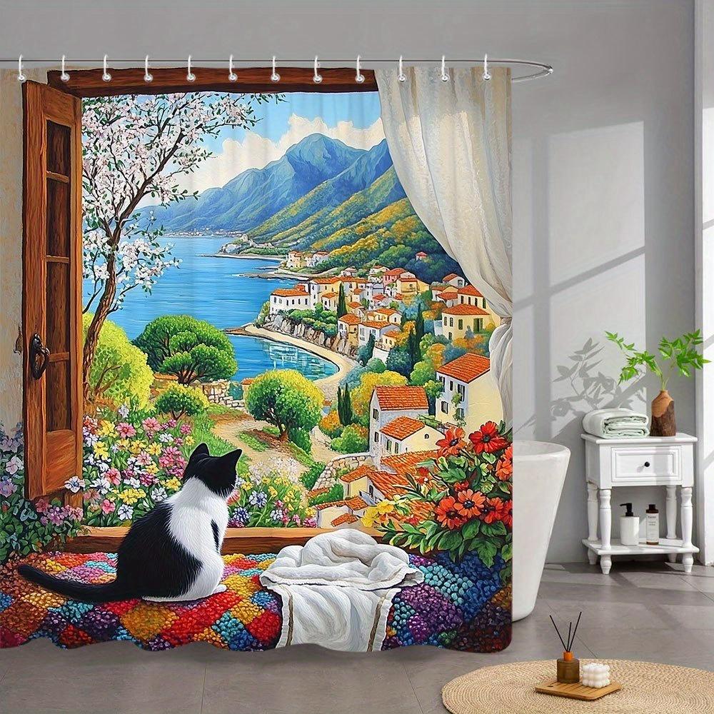 

1Pc Mediterranean Cat Shower Curtain - Black & White Cat On Patchwork Quilt Design, Impressionist Coastal Village Scene With Blu W60H190(CM)-1 Pcs