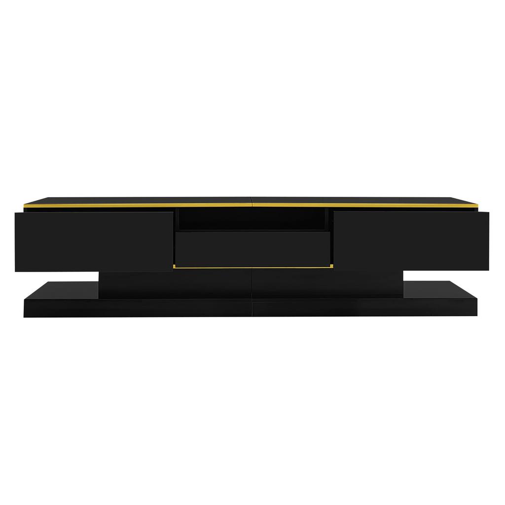TV Cabinet, with 3 Drawers and Open Compartment, with LED Lighting and Golden Accents, Modern Lowboard with Plenty of Storage Space