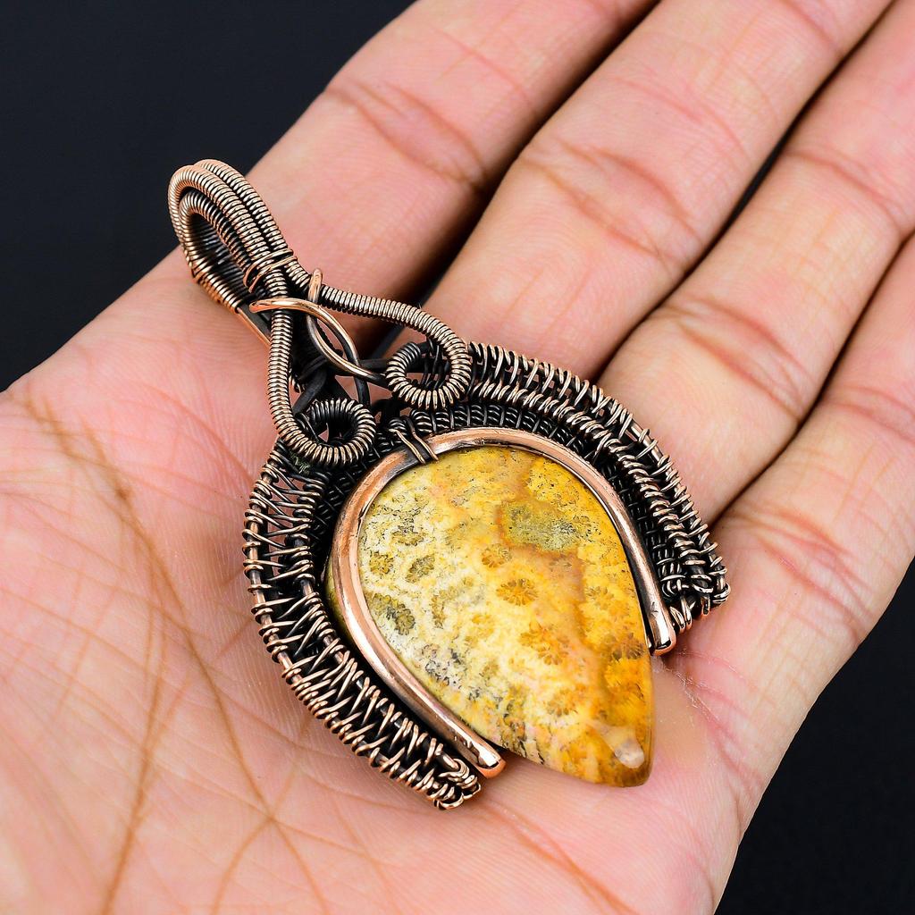 Amazing Fossil Coral Gemstone Handmade Pure Copper Wire Wrapped Pendant Jewelry