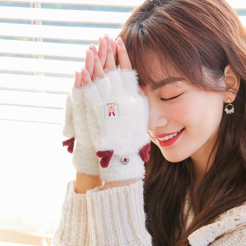 Women's Autumn & Winter Knitted Half-Finger Flip-Top Gloves - Warm, Cold-Proof, and Cute for Outdoor Cycling