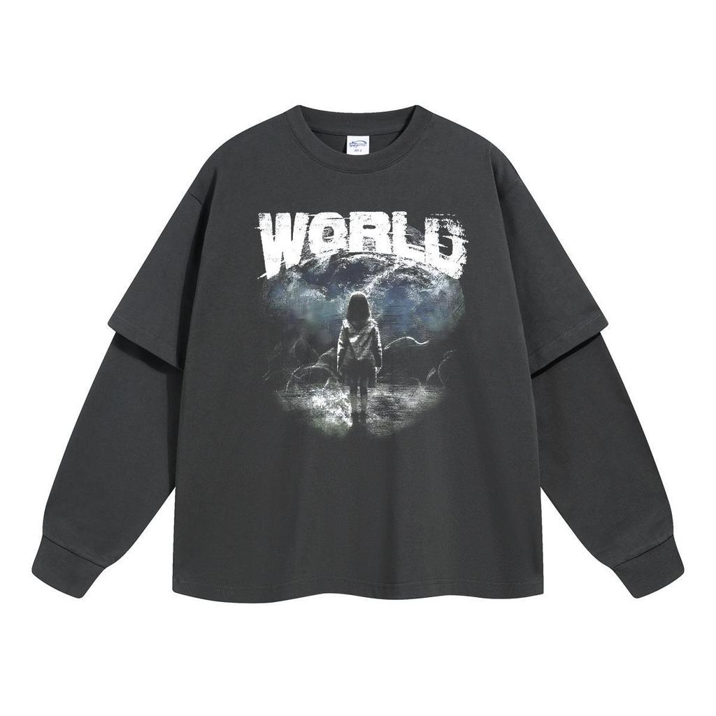 2024 Men's Fashion Long-Sleeve Digital Print Fake Two-Piece Loose Casual Shirt