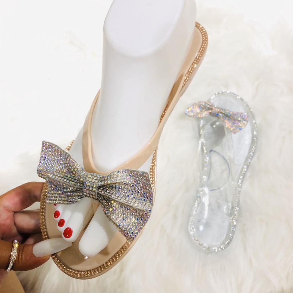 Fashion 2024 Spring/summer new large size flip flops women bow knot rhinestones outdoor leisure beach flat home sandals/slippers